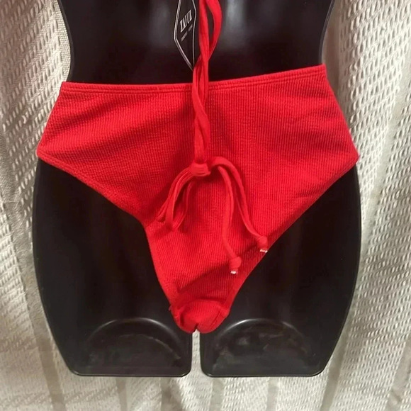 ZAFUL Women Strapless Bikini Lace Up Ribbed High Cut Bandeau 2 Piece Swimsuit - Picture 7 of 10